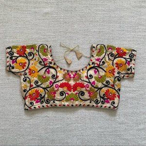 Floral Embroidered Crop Top with Tassels